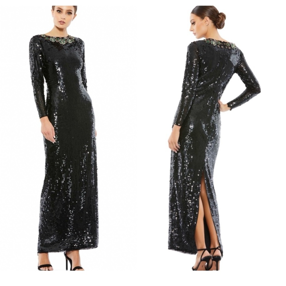 NEW Mac Duggar 93613 Bedded Neckline long sleeve Sequin black dress size 4